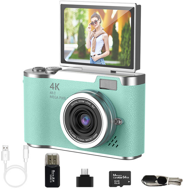 해브유 180도 회전 화면 여행용 소형 디카 휴대용 빈티지 디지털 카메라, 민트