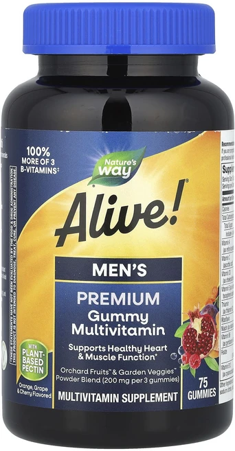 Nature's Way Alive! 남성용 프리미엄 구미젤리 종합비타민 오렌지 포도 체리 맛 구미젤리 75개, NaturesWayAlive남성용프리미엄구미젤리종합비타, 1개, 75정 - 쿠팡
