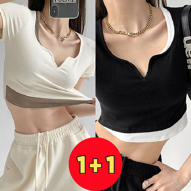AOKADA 여성 반팔 크롭 티셔츠 슬림 레이어드 브이넥 배꼽티 1+1