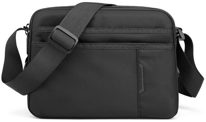 男款多層休閒斜背包, 黑色