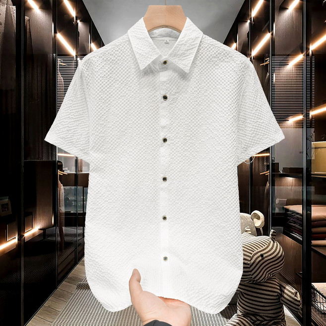 【褶皺肌理】男士短袖襯衫 男裝襯衫 夏季襯衫 純色襯衫 青年襯衫 商務休閒 免燙抗皺 輕薄透氣 夏季通勤百搭