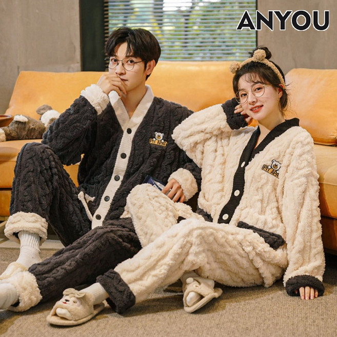 ANYOU 커플잠옷 겨울 곰돌이 귀욤 세트 홈웨어 수면잠옷 잠옷 극세사 홈웨어 파자마 상하의 세트 곰돌이 위로