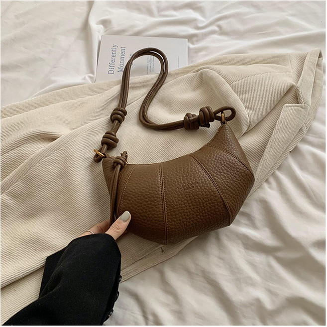 韓係時尚復古可頌牛角包百搭單肩斜挎包水餃包真皮, 棕色