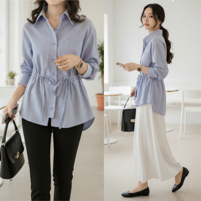 핏몬 여성 루즈핏 캐주얼 정장 긴팔 블라우스 롱 셔츠 남방
