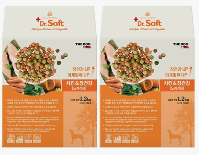 더독 닥터소프트 치킨 장건강 노령견 말랑한장기능 강화 사료, 2개, 1.2kg
