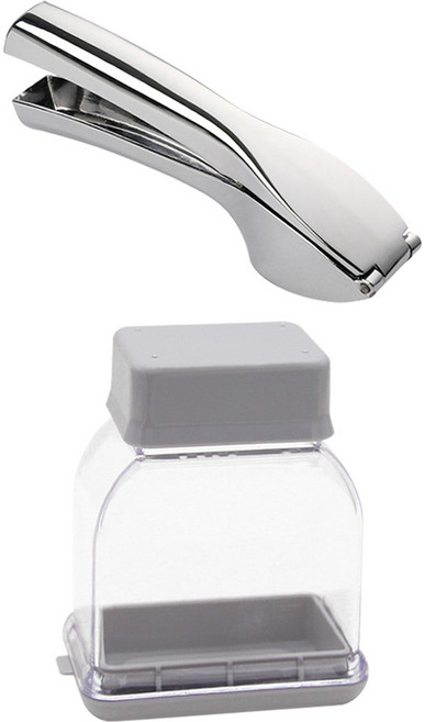 투데이리빙 2종 세트 마늘 슬라이서 + 스텐 마늘 다지기 수동 마늘짜개 도구 간마늘 다짐기 으깨기 편마늘 썰기, R98202S, 1세트, 실버+그레이