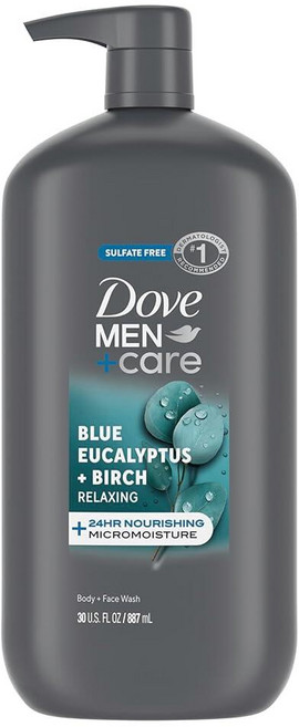 DOVE MEN + CARE Relaxing Blue 유칼립투스 + 자작나무 바디 앤 페이스 워시 24시간 영양 마이크로 모이스처 기술 바디 워시 남성용 887.2ml(30온, 1