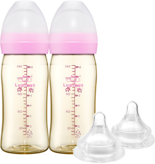 루피너스 PPSU 젖병 240ml 트윈팩(블러쉬핑크/2개입)+젖꼭지(2개입), 블러쉬핑크/3단계(M), 1세트