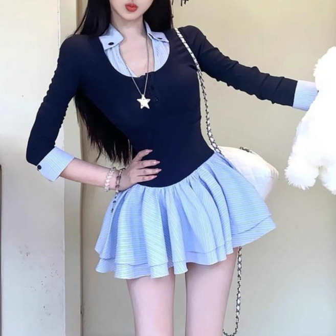 히또리 X5089 코디완성 니트 셔츠 레이어드 미니 원피스