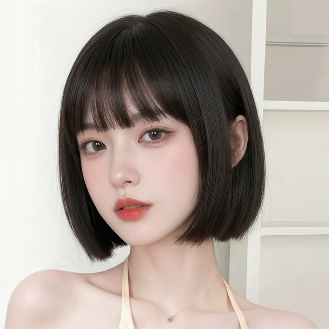 Leesheer 자연스러운 수제 여성 가발 시스루뱅 단발머리 통가발, 1개, 다크 브라운