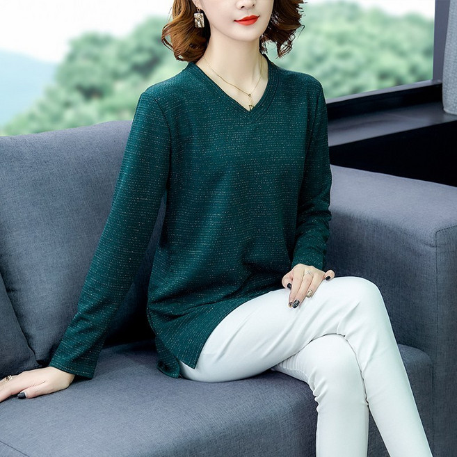 여성 가을 엄마옷 V넥 루즈핏 트임 빅사이즈 긴팔 티셔츠 1399
