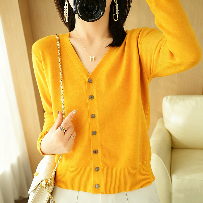 여성 브이넥 니트 가디건 데일리 소프트 베이직 루즈핏 긴팔 아우터 슬림소녀