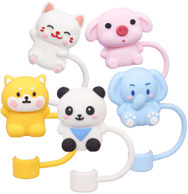 리빙준 실리콘 동물 빨대 마개, 5개, 판다친구들