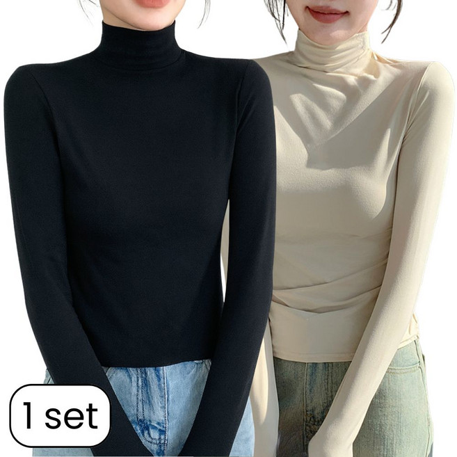 여성 소프트 피치기모 반목폴라 얇은 긴팔 티셔츠 2종 세트 베이직 스판 반폴라 터틀넥 봄 가을 겨울 이너티 반폴라 롱슬리브