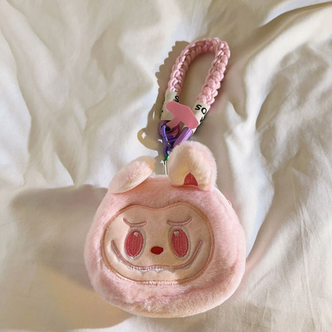 卡通可愛粉色拉布布頭包包掛件手機耳機零錢包毛絨萌系隨身小掛包