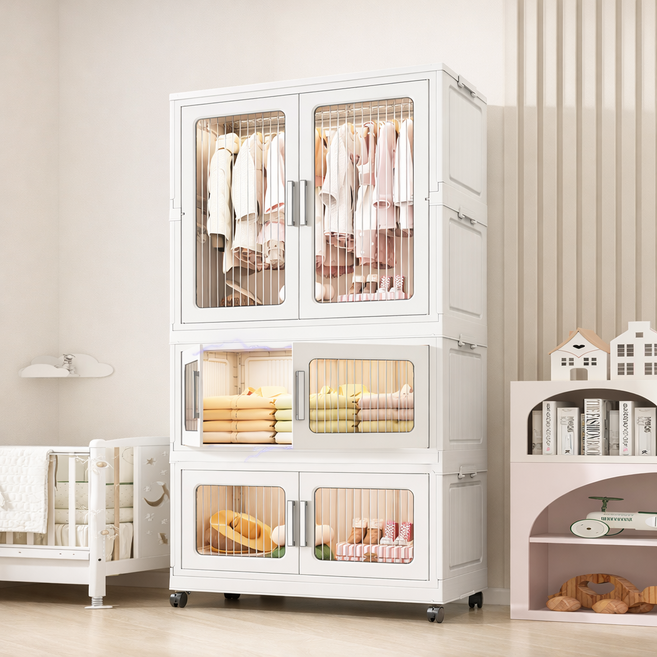 접이식 수납장 옷장형 수납장 이동식 수납장 대용량 플라스틱 수납장 다층 수납장 바퀴형, 화이트