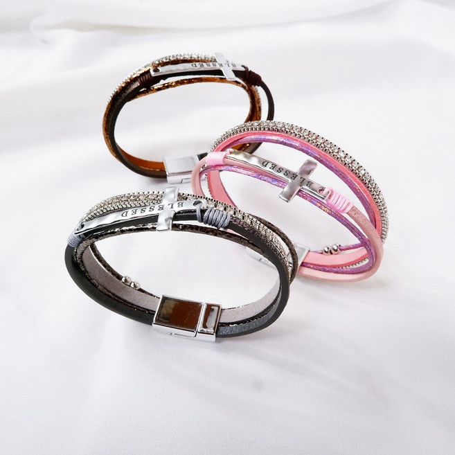 뉴욕마켓 가죽 십자가 체인 실버 은 패션 팔찌