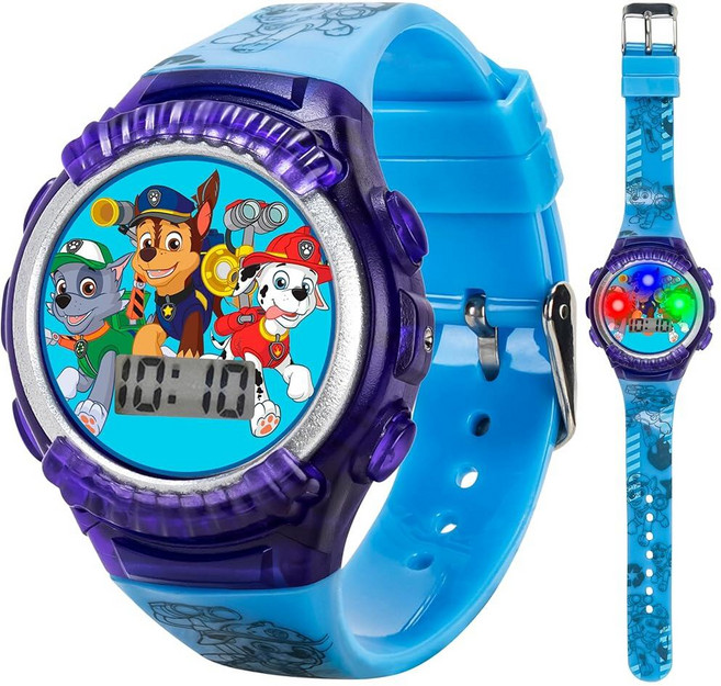 Nickelodeon Paw Patrol 아동용 디지털 LED 시계 조명 디스플레이 포함 체이스 마샬 록키 블루 실리콘 스트랩 선물 틴 케이스 만 4세 이상 남아 여아용 손목에