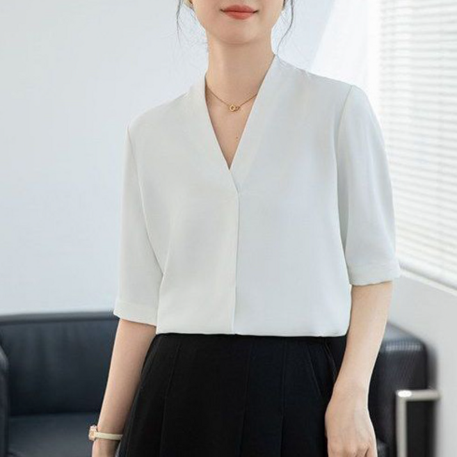 PEROLA 여성 정장 블라우스 브이넥 5부소매 면접복 여름 심플 구김없는 셔츠