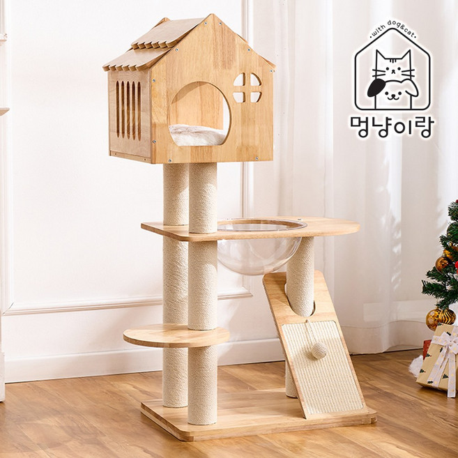 멍냥이랑 원목 캣타워 캣폴 스크래쳐, 1개, 하우스 3단 캣타워