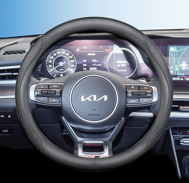 기아 전차종 호환 프리미엄 나파 가죽 카본 핸들커버, 블랙 엠보, 원형 (K-01)