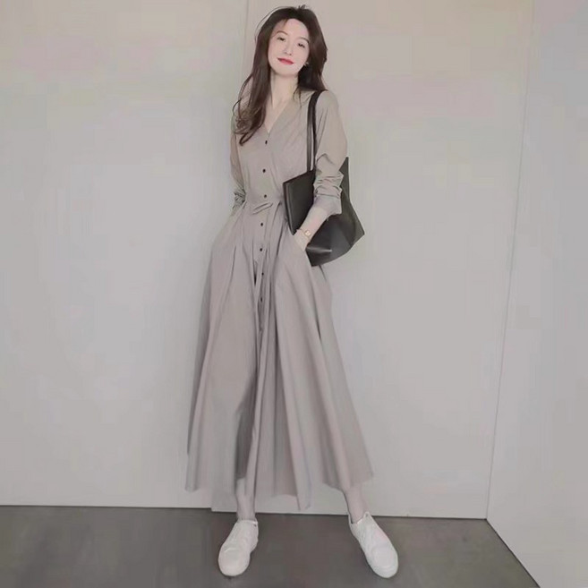 SAHINER 여성 프렌치 A라인 카라넥 브이넥 여름 롱 반팔셔츠원피스 LWBQZ18