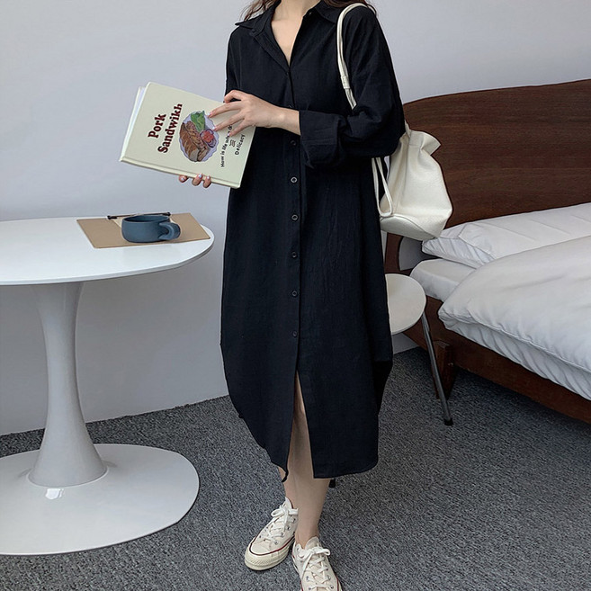 여성 투웨이 루즈핏 트임 슬릿 로브 카라 면 셔츠 롱 원피스 트임롱셔츠로브원피스