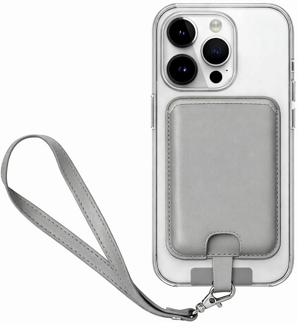 그리드 아이폰 갤럭시 추락방지 가죽 스트랩 맥세이프 2장 수납 카드지갑 케이스, 1개, 그레이