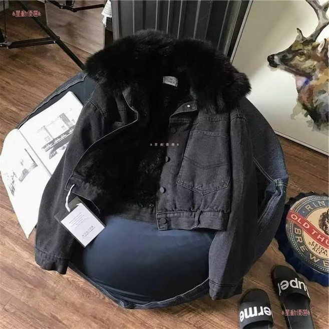 韓版刷毛牛仔外套 可拆卸大毛領 加絨加厚夾克