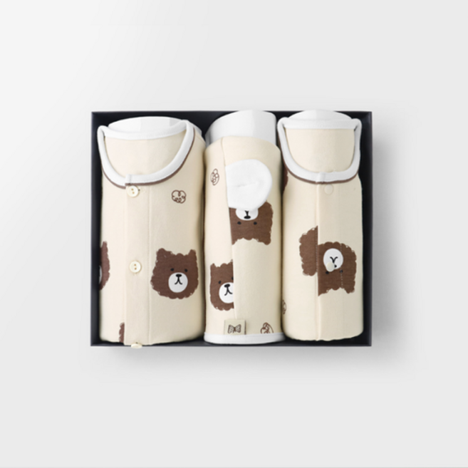 [메르베] 파마했곰 아기 백일선물세트(내의+실내우주복+모자)_겨울용