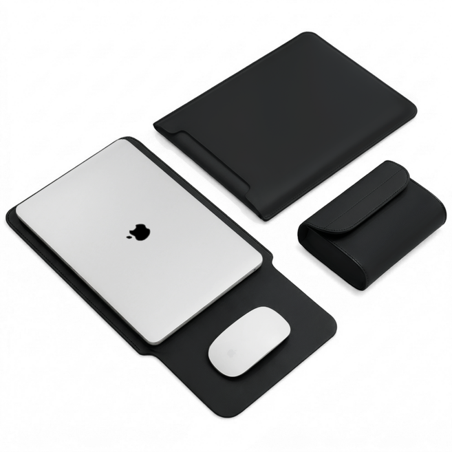 세련된 가죽 노트북 파우치 슬림 휴대용 케이스 스크래치 방지 마우스패드 겸용, 블랙 세트, 1개