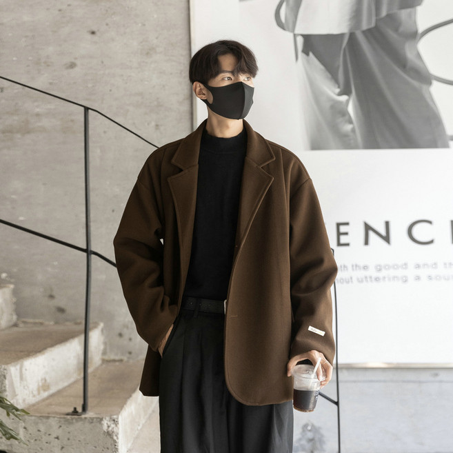 ANYOU 남성 양복 미디 길이 코트 빅사이즈 루즈핏 보온 코트 정장 코트