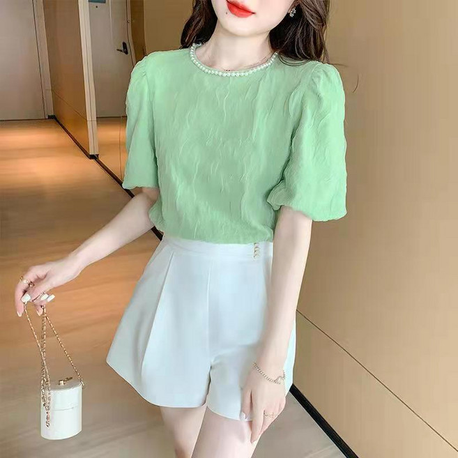 진주 라운드 퍼프소매 카디건 느낌의 쁘띠 셔링에 nvduanxiu