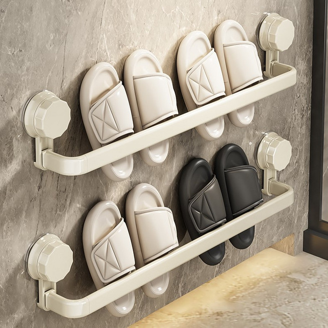 흡착식 이동식 욕실화 거치대 슬리퍼 보관 일체형 벽걸이 욕실 무타공 수납 정리, 1개, 화이트 2인용