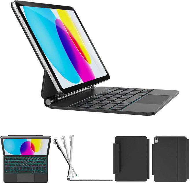 한국형 매직 키보드 아이패드 10세대 / 아이패드 11세대 (A16)용 11색 백라이트 키+트랙패드 방오염 가죽, 블랙, 1개