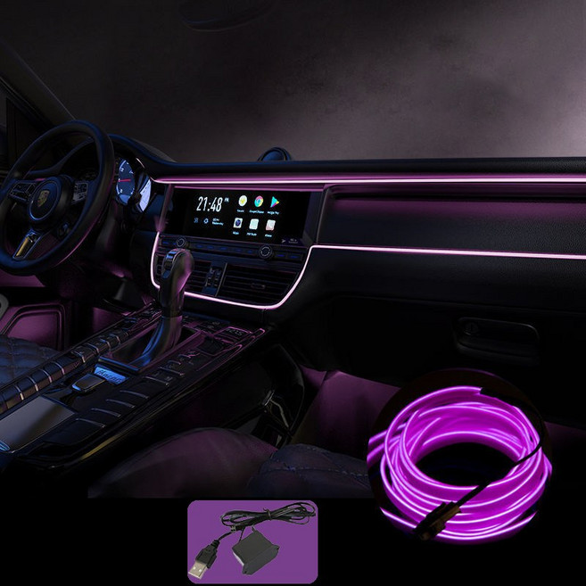 Sunwer 자동차 USB 라이트 광섬유 무드등 5m 차량용 EL 라인조명, USB 전원 공급, 1개, 자주색