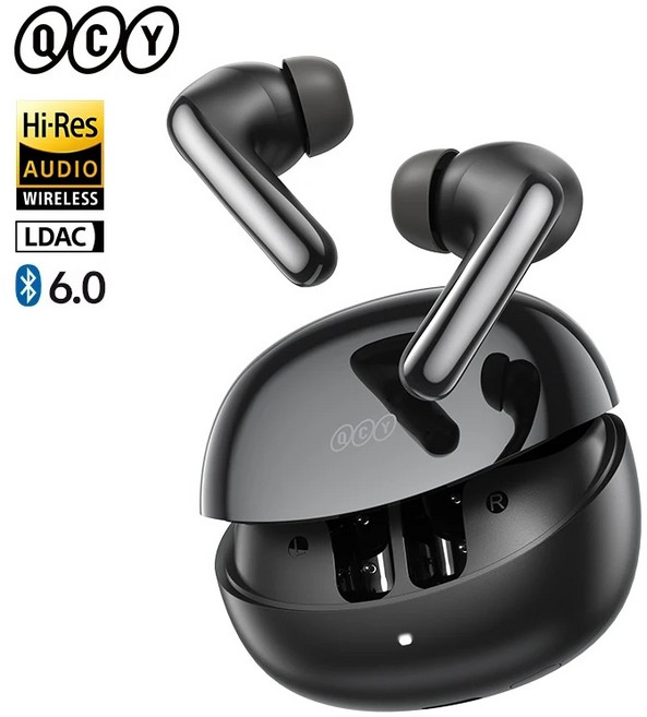 QCY MeloBuds N60 무선 블루투스 6.0 이어폰 ANC 헤드폰 LDAC 하이 레졸루션 오디오 코액셜 듀얼 드라이버 이어버드 45시간 BH25HT19A, 검은색