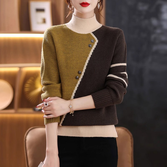 Asure 여자 반목니트 데일리 골지니트 캐주얼 니트 티셔츠 스웨터