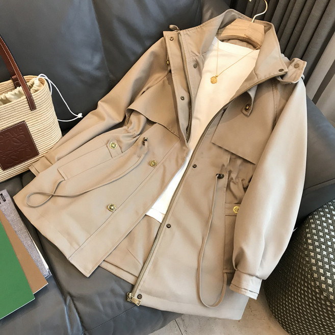 【小個子顯高】短款風衣 春秋外套 連帽風衣 女士風衣 春秋裝 卡其色 短款設計 寬鬆百搭 通勤休閒兩穿