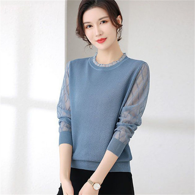 TKX 여성용 라운드넥 니트 봄 가을 긴팔 중년여성 소매 시스루 이너티 엄마 의류