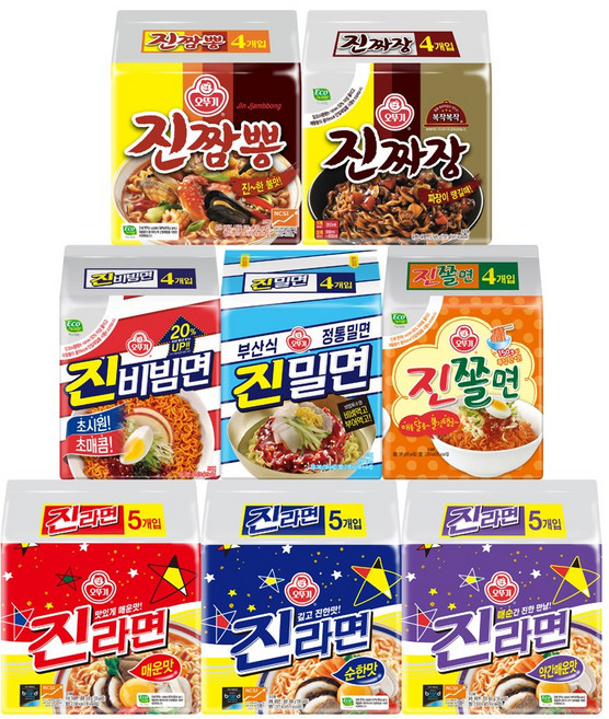 오뚜기 진시리즈 라면 8종 각 1개씩(진비빔면/진밀면/진쫄면/진라면매운맛/진라면순한맛/진라면약간매운맛/진짬뽕/진짜장)