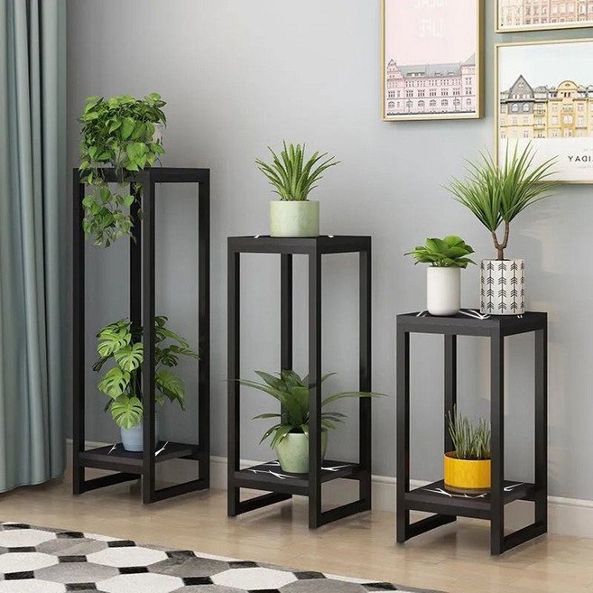 모칸도 사각 화분진열대 다용도 받침대 선반 화분 철재 골드 블랙 화이트, 2단, 블랙&상판블랙