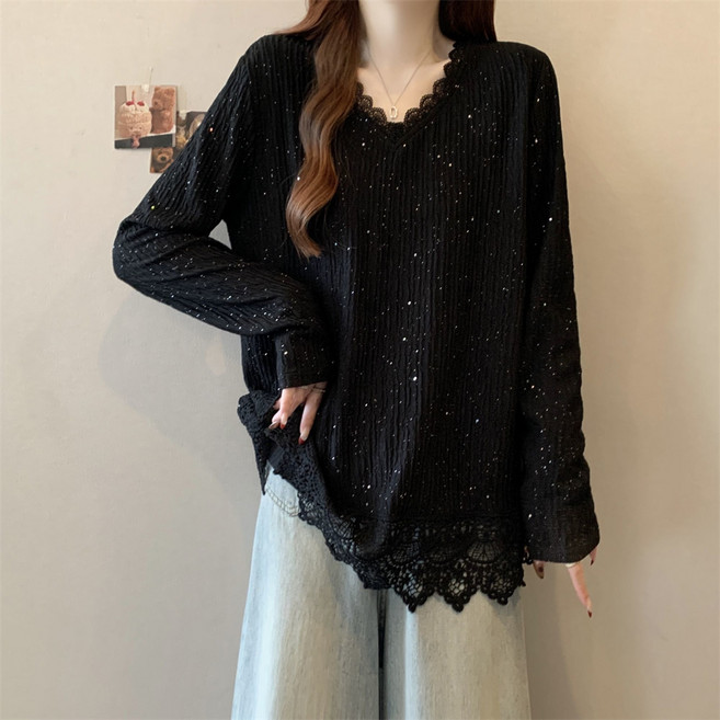 TKX 여성용 빅사이즈 긴팔 반짝이 장식 V넥 레이스 루즈핏 티셔츠 기본티 K51