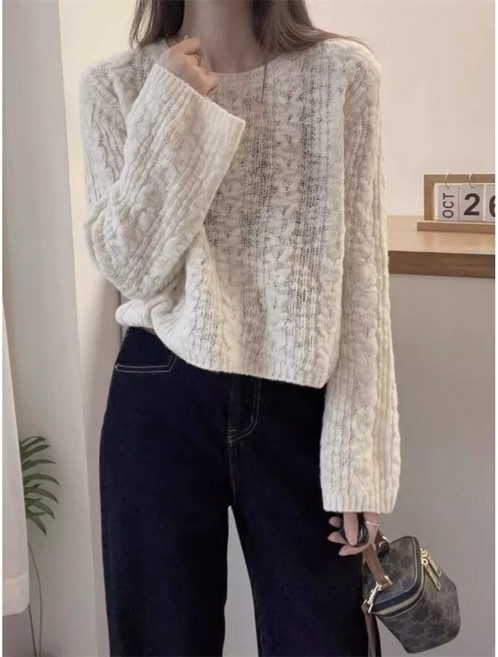 제이씨엠 JCM605 여성 봄 가을 간절기 튤립 꽈배기 얇은 니트 긴팔티