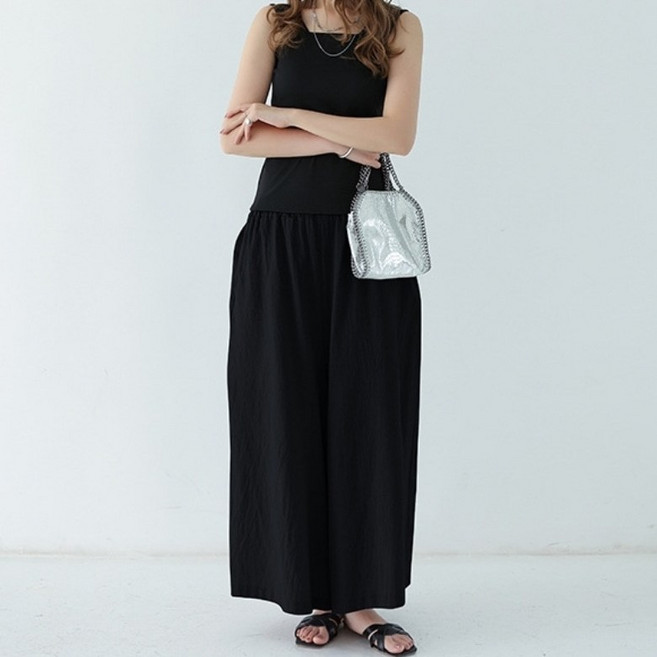 아이엠몽 여성 린넨 밴딩 포켓 주머니 와이드 바지