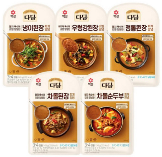 다담 소스 패키지(정통된장찌개 우렁강된장비빔양념 냉이된장찌개 차돌순두부찌개 차돌된장찌개), 1세트, 695g