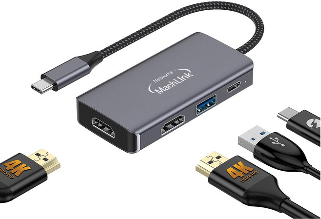 USB-C 듀얼 HDMI 4K 변환 어댑터 PD충전 USB포트 멀티허브 ML-HUP100, 1개, 단일