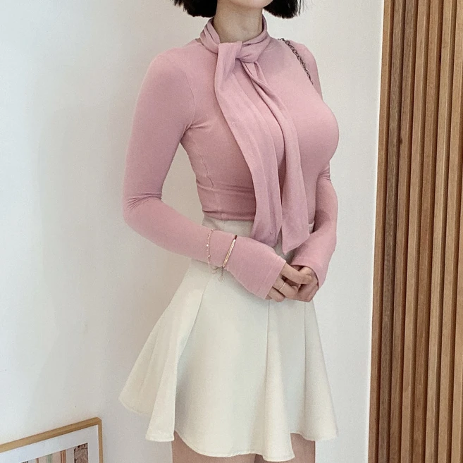 가을 겨울 시스루티셔츠 여자스판쫄티 글램핏 시크 머플러폴라 슬림티 - 쿠팡