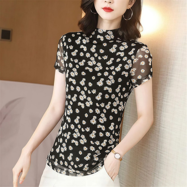 WANGBAIWAN 여성 여름 망사 플라워 반팔티 슬림핏 패션 섹시한 반폴라 티셔츠 상의 S42933