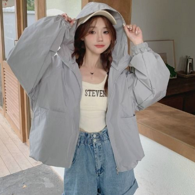 夏季新款韓系輕薄寬鬆防曬外套女：冰絲透氣、連帽長袖防曬衫, 灰色,M 【建議85-100斤】